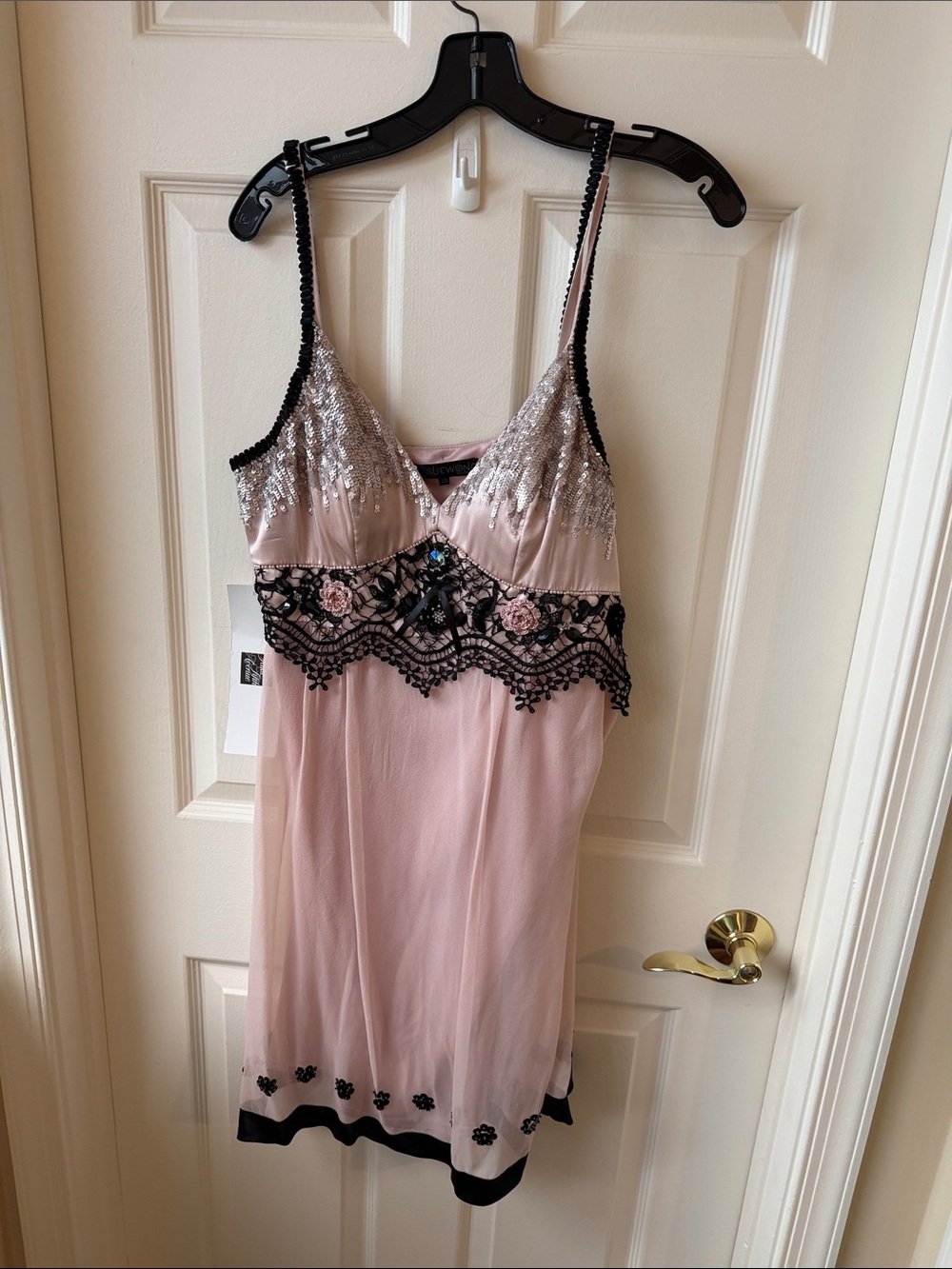 Sue Wong Blush Pink Chemise with Black Lace & Sequin Bodice dress 10 nwt